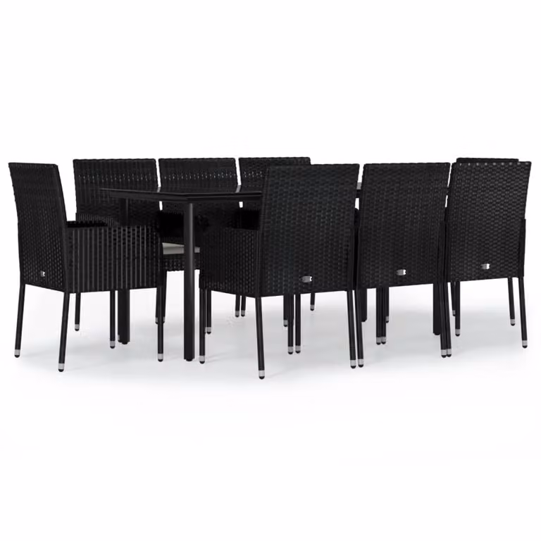 Set da Pranzo da Giardino 9 pz con Cuscini Nero in Polyrattan