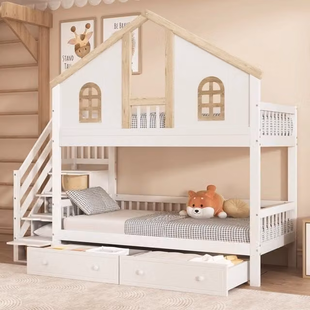 Letto a castello per bambini REDOM con struttura a casetta, finestre e scala contenitore, Bianco e Beige, L/P/H: 200 x 90 x 195 cm