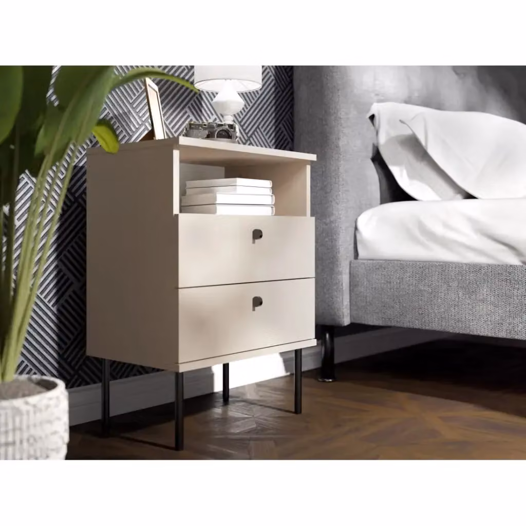 Comodino Meublorama Moderno con 2 Cassetti e Vanetto, Colore Beige e Nero – 2