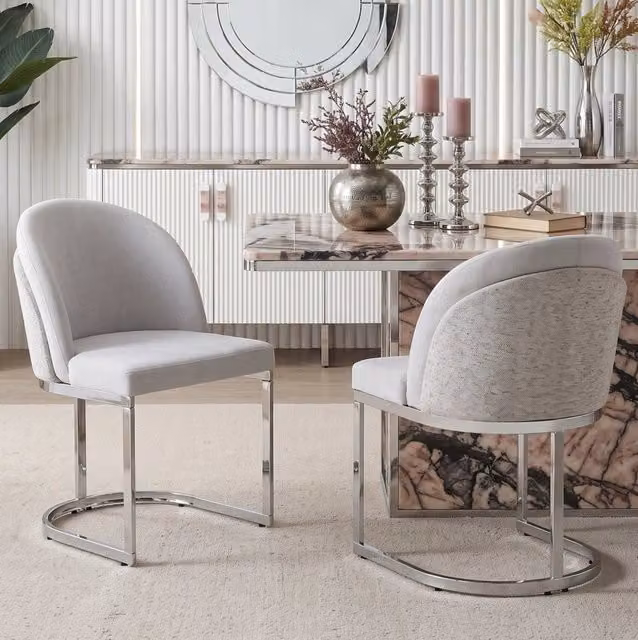 Set di 2 sedie da pranzo in ciniglia grigio chiaro e argento