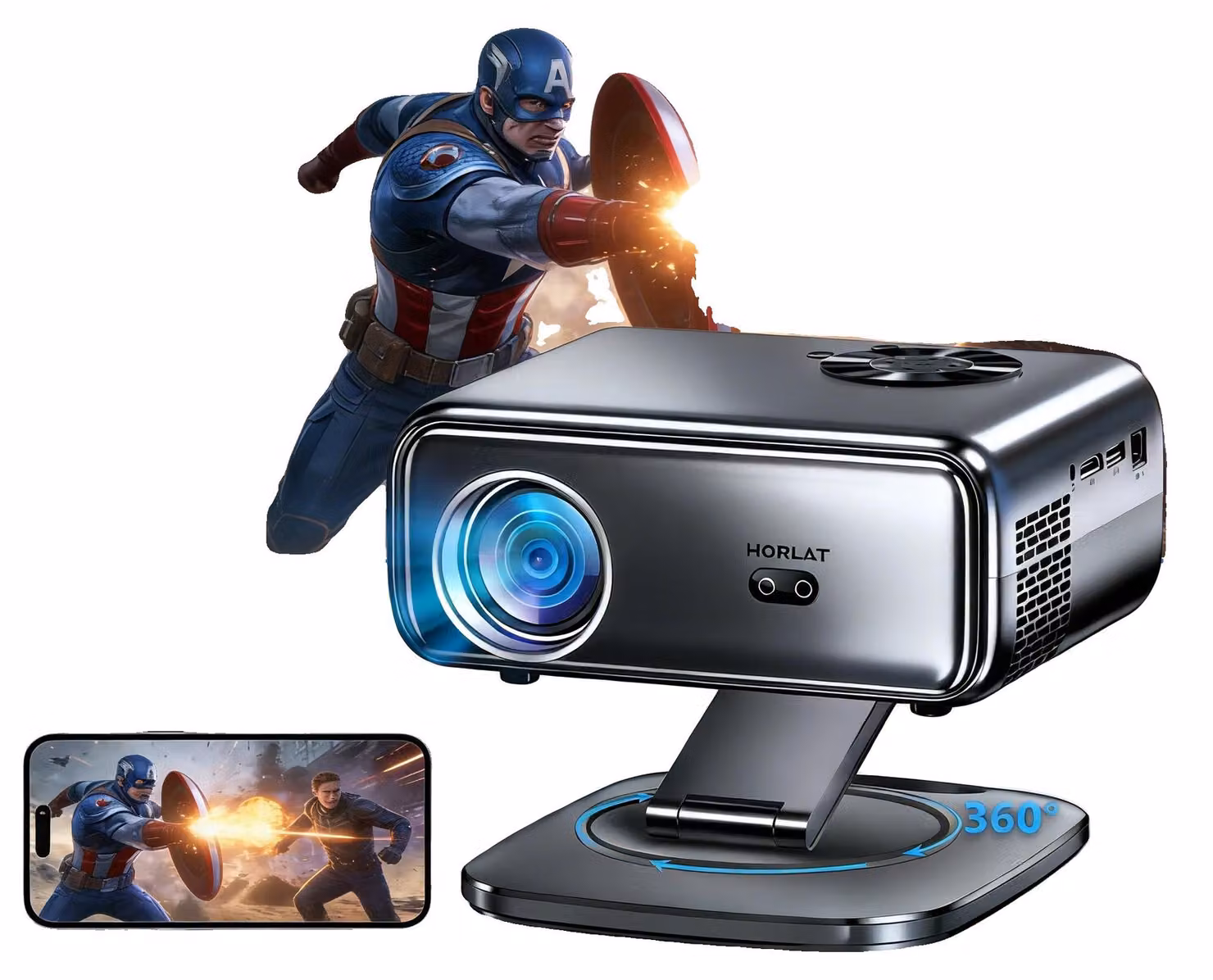 Proiettore, risoluzione nativa 1080p, design ruotabile a 360°, autofocus a 64G, spina UE