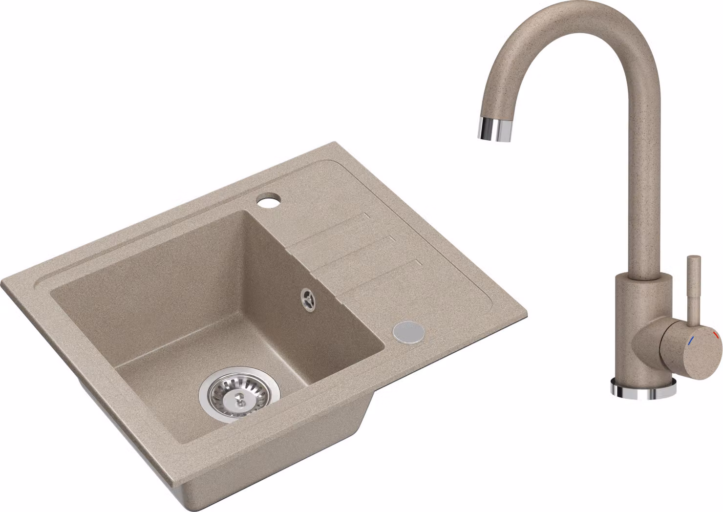 VBChome Lavello in granito beige con rubinetteria 55 x 44 cm Lavello da incasso a vasca singola Maculato Reversibile Lavello in granito Sifone Lavandino Rubinetteria