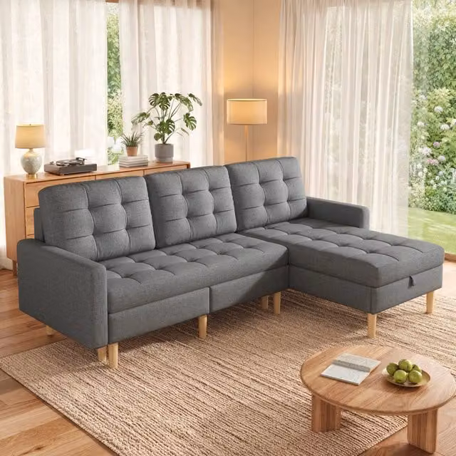 Divano Angolare con Contenitore a L Reversibile 3 Posti Grigio 212x130x86 cm