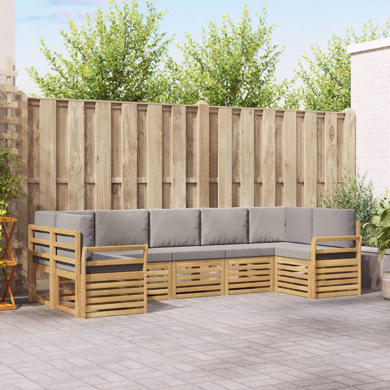 vidaXL Set di divani da esterno a forma di U in legno di acacia con cuscini, Bianco e Grigio