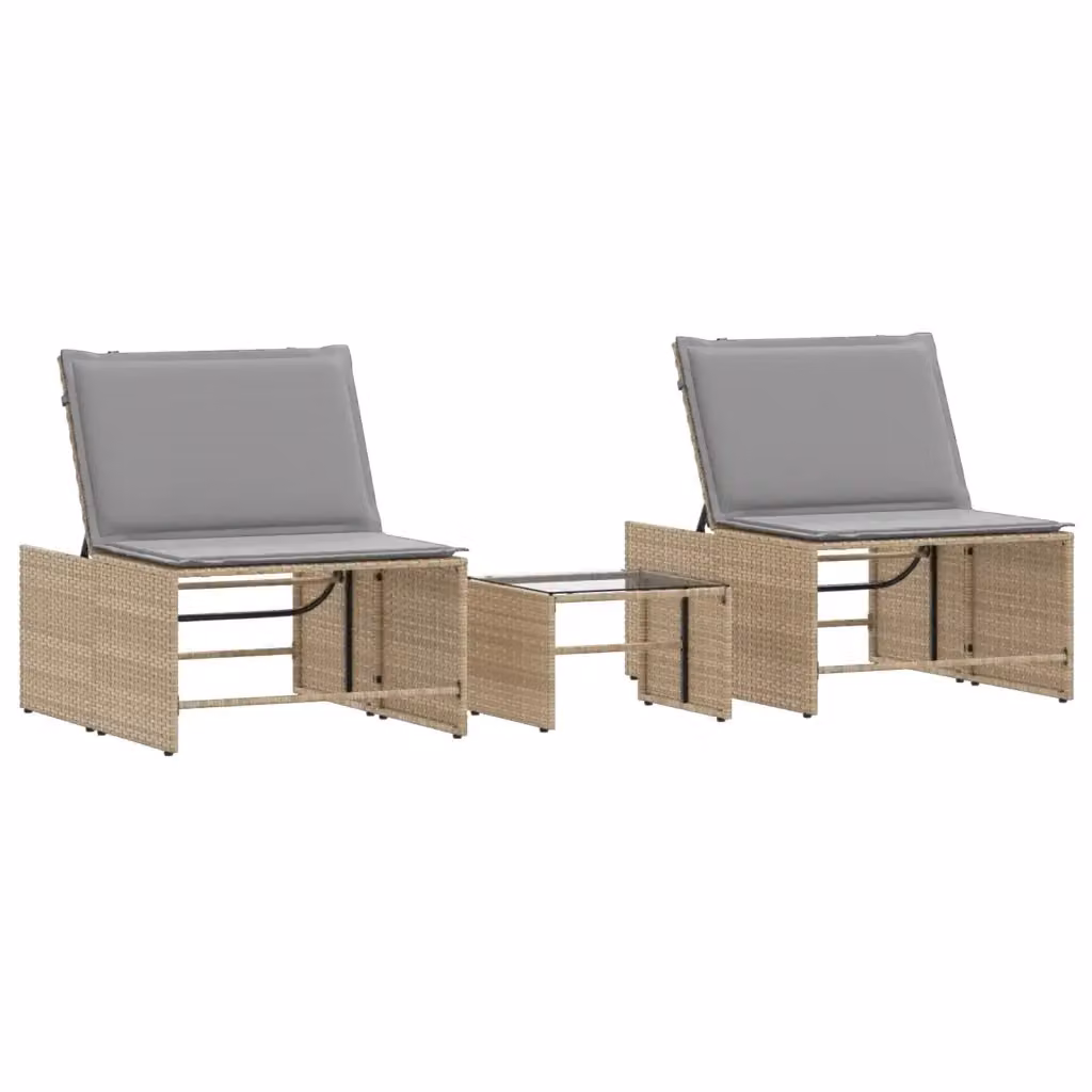 Set di 2 lettini prendisole con tavolo vidaXL in polyrattan beige e grigio con poggiatesta regolabile e tessuto resistente ai raggi UV per giardino e terrazzo – 2