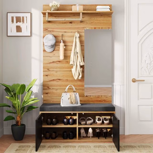 Armadio da ingresso REDOM moderno con specchio e seduta, Nero e Effetto Legno, L: 110 cm, P: 38 cm, H: 190 cm