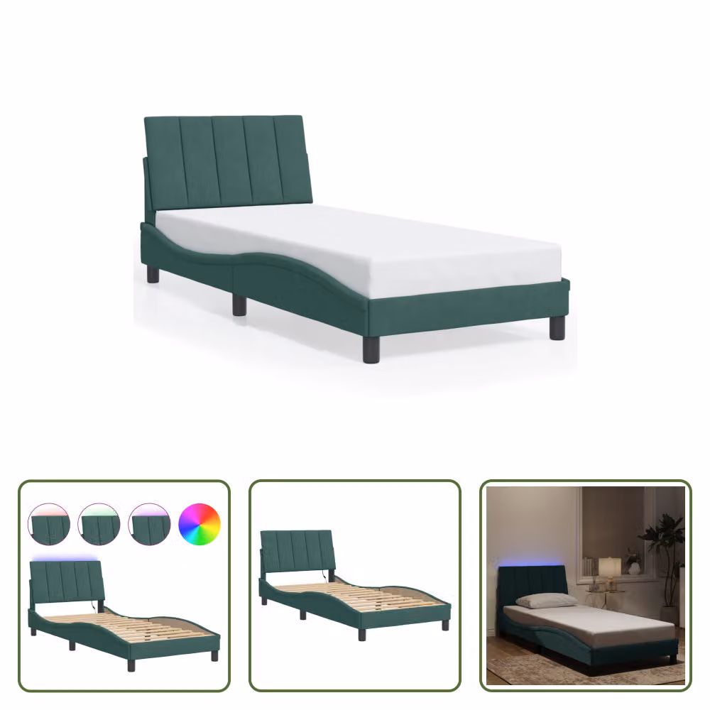 The Living Store Struttura letto con luci LED verde scuro 80x200 cm in velluto