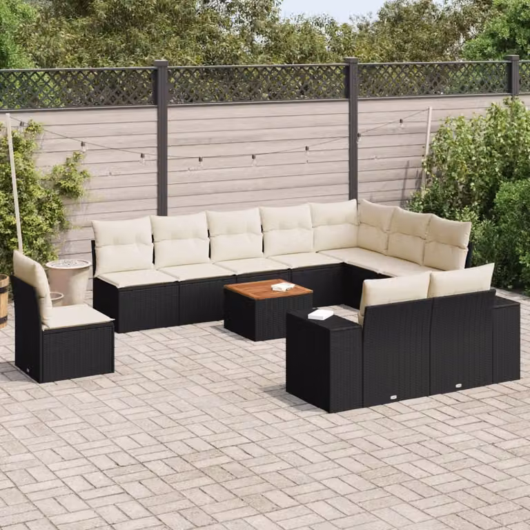 vidaXL Set Divani da Giardino 11 pz a Forma a L in Polyrattan Nero con Cuscini e Tavolino da Esterno