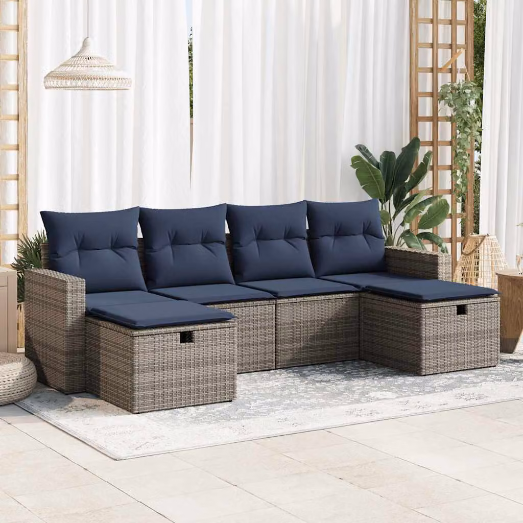 Set Divano da Giardino a L vidaXL in Polyrattan con Cuscini, 6 Pezzi, Grigio e Blu