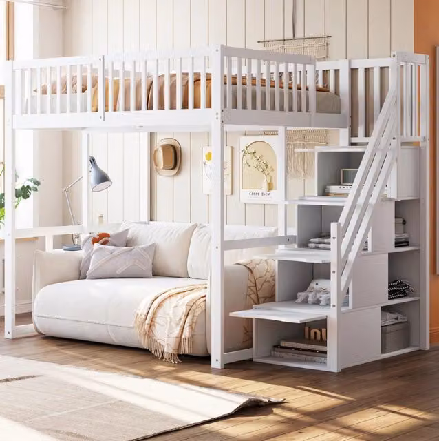 Letto a soppalco 140x200 cm con scala contenitore e sbarre di sicurezza in legno bianco