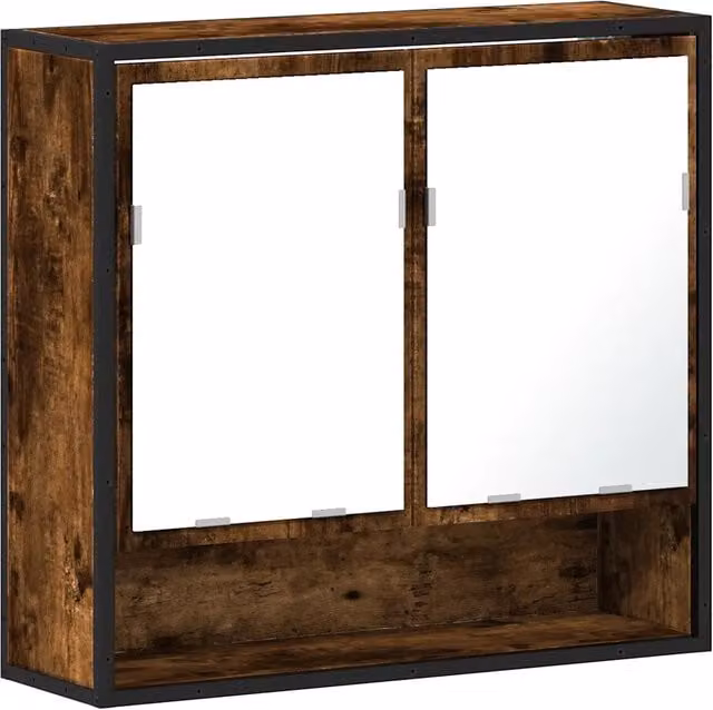 Mobile Bagno Sospeso in Rovere e Metallo con Specchio e Ante in Vetro, Stile Industrial, L: 65 cm, P: 20 cm, H: 60 cm