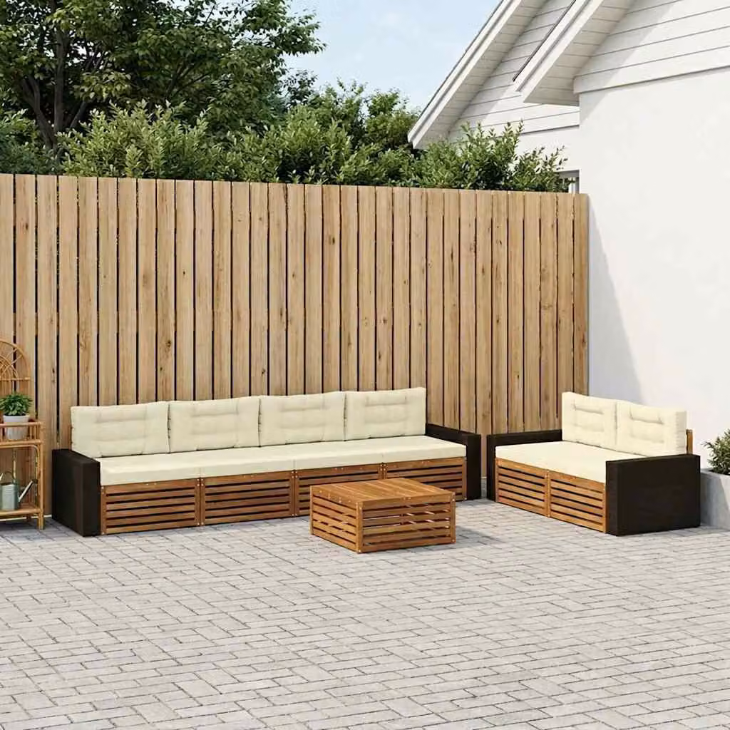 Set di divani da esterno vidaXL 7 pezzi in legno di acacia con tavolino e cuscini, colore beige e bianco