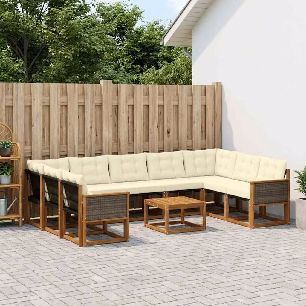 Set di divani da esterno vidaXL a forma di L in legno di acacia con tavolo da caffè, 10 pezzi, beige e bianco