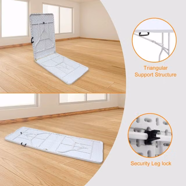 Tavolo pieghevole WISHDOR rettangolare con piano in plastica e struttura in metallo, colore bianco, L: 180 cm, P: 76 cm, H: 73,6 cm