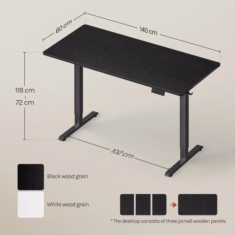 Scrivania regolabile in altezza elettricamente - Scrivania da gaming - 140 x 60 cm - Intervallo di altezza: 72–118 cm - 3 posizioni di altezza memorizzabili - Protezione anti-collisione - Porta USB integrata - Colore: nero