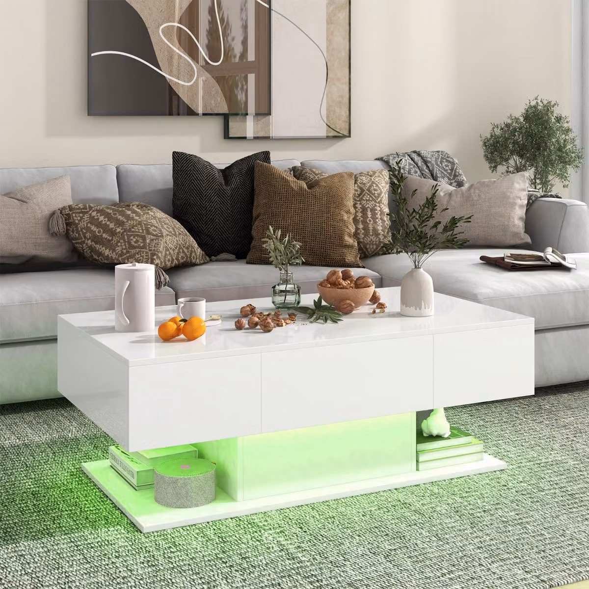 Tavolino da caffè moderno Costway con 20 luci LED multicolore e 2 cassetti portaoggetti, tavolino d'accento a 2 piani in bianco lucido