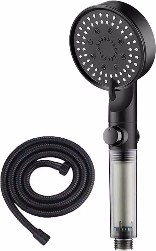Filtro per soffione doccia ad alta pressione, filtro a 5 stadi con soffione e doccetta (nero + tubo flessibile da 1,5 m)