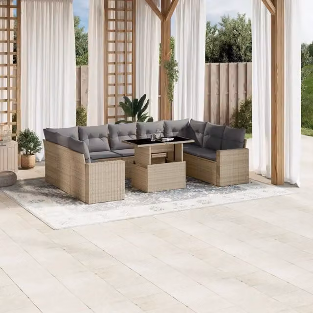Set Divano da Giardino 10 Pezzi vidaXL con Cuscini Beige e Tavolino in Polyrattan e Metallo per Terrazza e Giardino