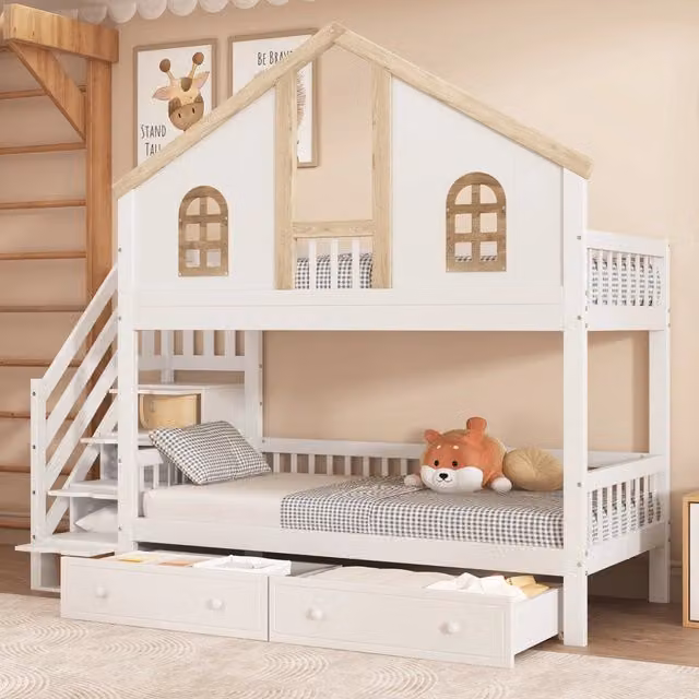 Letto a castello 90x200 cm con scala contenitore e cassetti in legno bianco e colore naturale