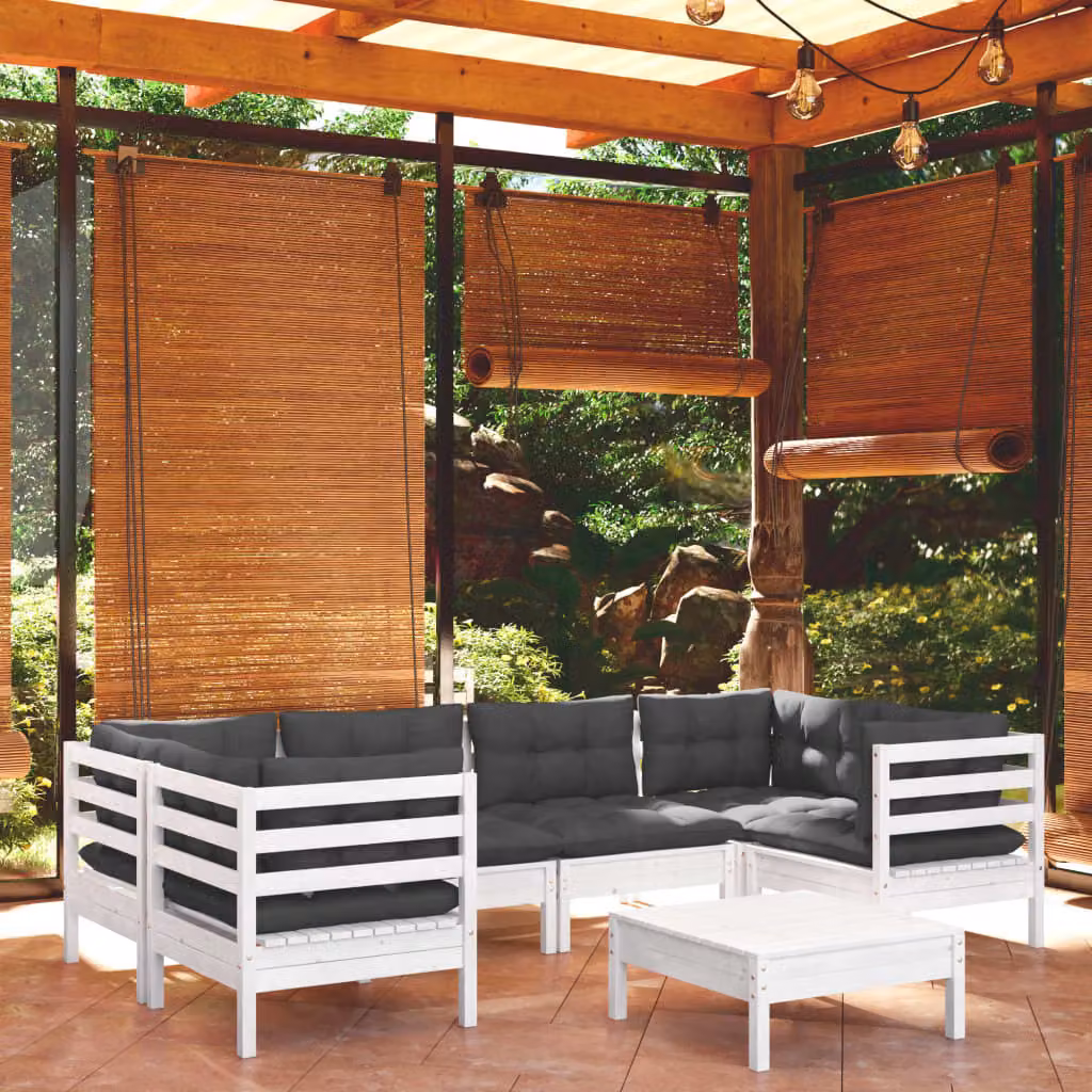 The Living Store Set da giardino 7 pezzi con cuscini in legno di pino bianco