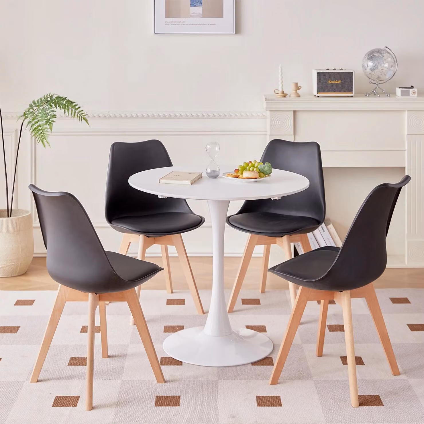 Gruppo tavolo da pranzo - Tavolo rotondo con 4 sedie - 80 cm di diametro - Realizzato in legno di faggio massello - Sedute in poliuretano - Stile moderno - Colore nero