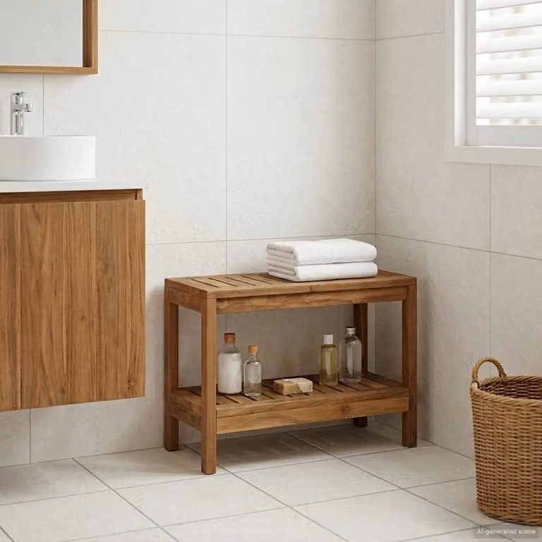 vidaXL Tavolo Laterale da Bagno in Legno di Teak Marrone Stile Rustico L: 60 cm, P: 30 cm, H: 45 cm