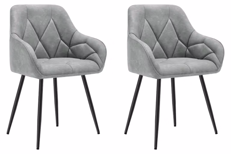 Set di 2 sedie da pranzo ergonomiche - Sedia da pranzo - Seduta imbottita - Schienale - Braccioli - Gambe in metallo - Stile moderno e minimalista - Pelle grigia