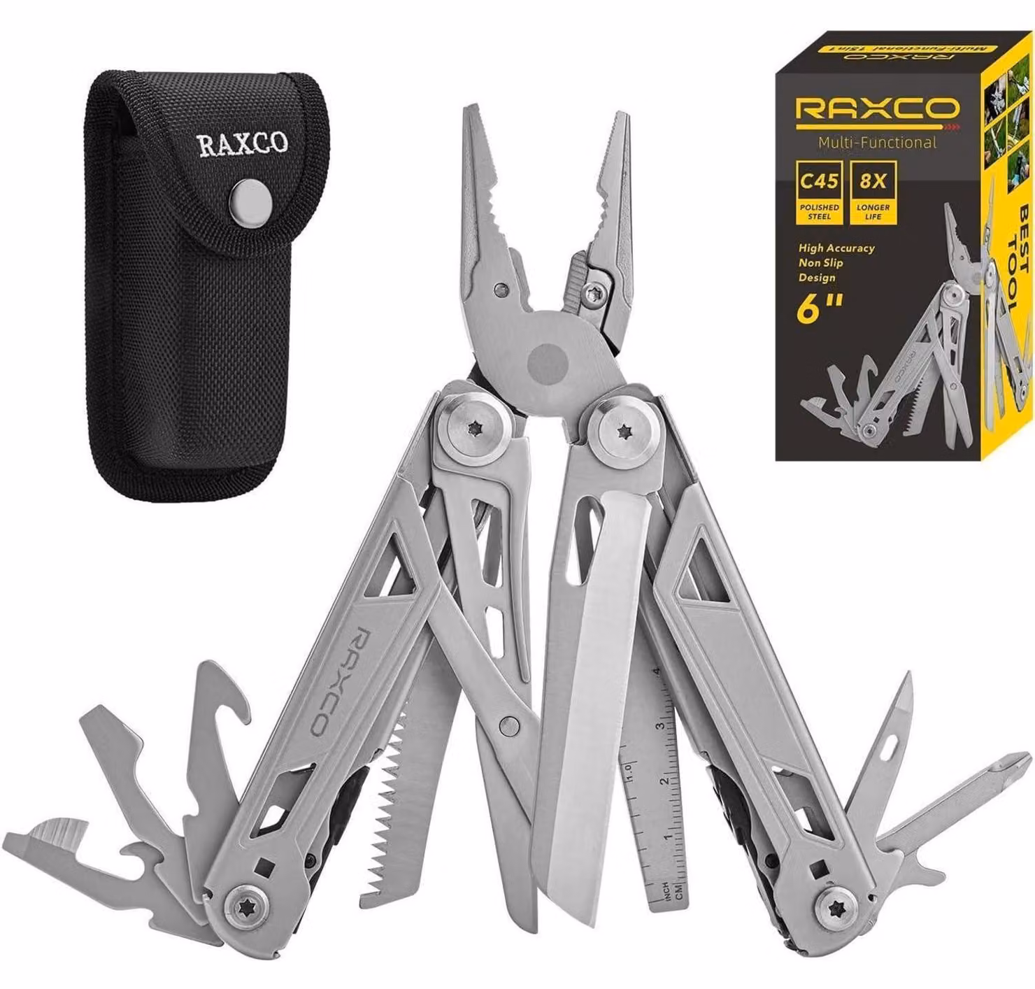 Pinza multifunzione 15-in-1 in acciaio inossidabile, con custodia in nylon, ideale per attività all'aperto e campeggio