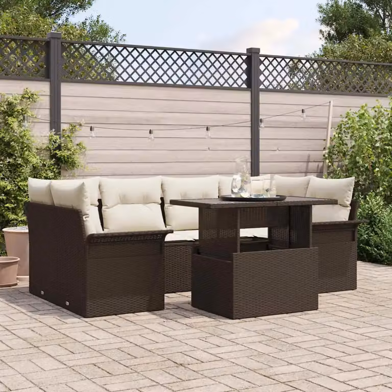 Set Divano da Giardino vidaXL 7 Pezzi Marrone con Cuscini e Tavolino in Rattan e Metallo
