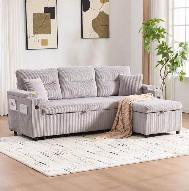 Divano letto 212.5x136x86 cm con chaise longue; letto estraibile e USB-C in corduroy grigio chiaro