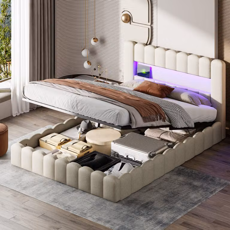 Letto imbottito 140x200 cm con LED e connessione di ricarica USB, con funzione e rete a doghe, beige, design moderno, ideale per camere da letto, funzionale e confortevole