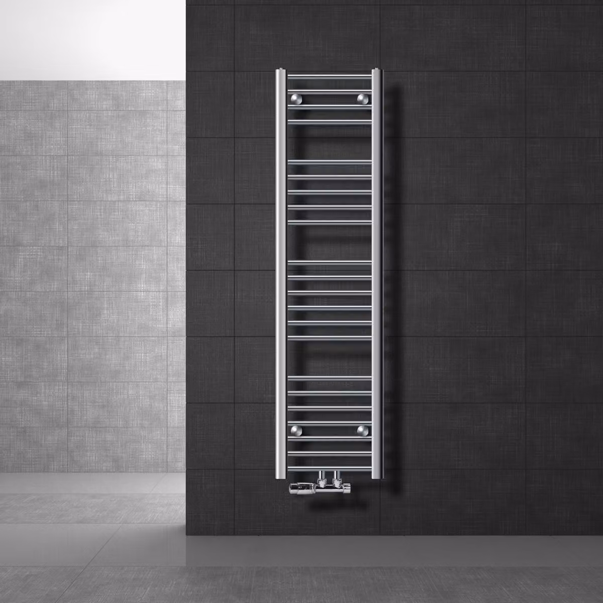 LuxeBath Radiatore da bagno attacco centrale 300 x 1400 mm cromo diritto con termostato e set di attacchi angolo muro cromo - Radiatore, senza elemento riscaldante