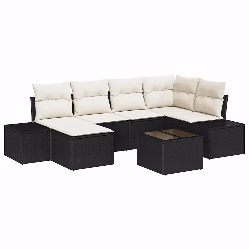 Set Divano da Giardino vidaXL 7 Pezzi Moderno in Polyrattan Nero e Beige con Tavolino e Ottoman – 2