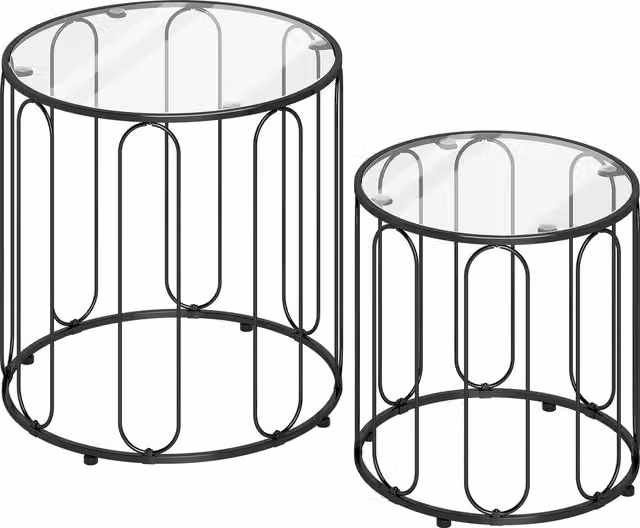 Set di 2 tavolini sovrapponibili HOMCOM in metallo e vetro nero, forma rotonda, Ø50 cm e Ø40 cm