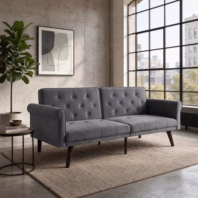 Divano letto 2 posti OKWISH in velluto grigio con schienali regolabili e funzione letto, L: 172 cm, P: 89 cm, H: 70 cm – 1