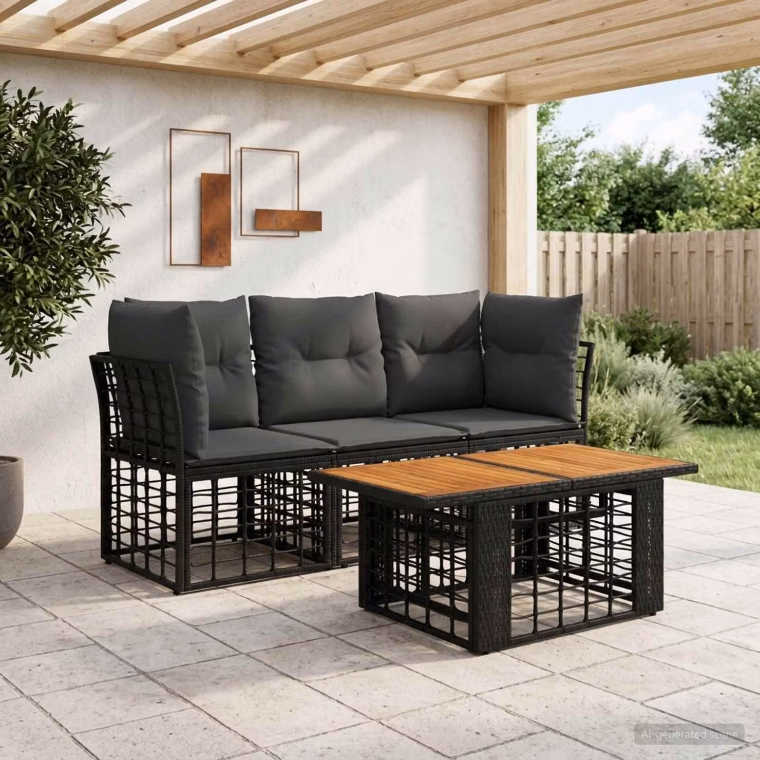 Set Divano da Giardino vidaXL a 4 pezzi in Polyrattan con Tavolino e Cuscini, Design Moderno a L, Colore Nero e Grigio