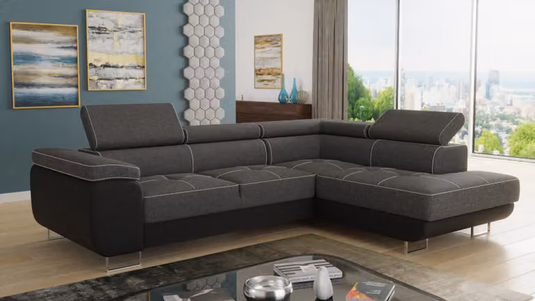 Divano angolare Caris con funzione letto e poggiatesta regolabili, salotto componibile, divano letto, divano letto, divano, divano (nero + grigio scuro (Soft 011 + Sawana 05), divano angolare destro)