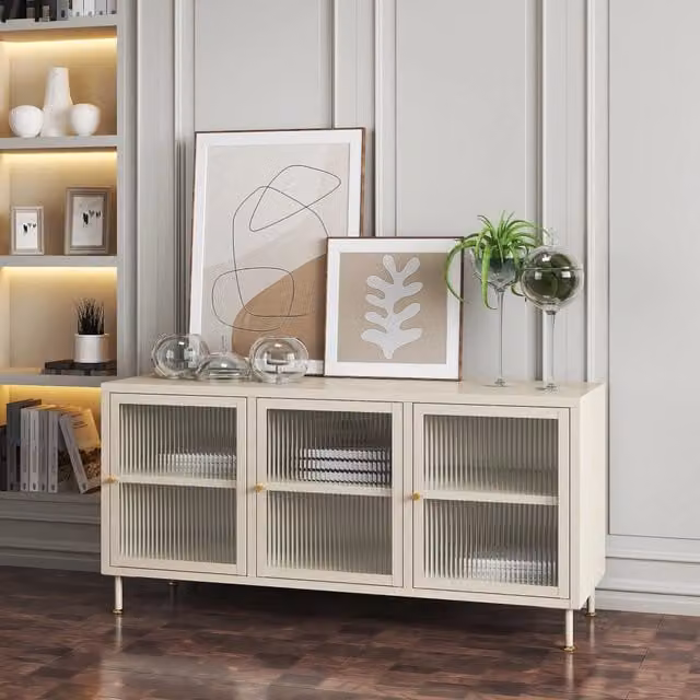 Mobile TV Lindau en.casa in acciaio e vetro con vetrina, colore bianco crema, L 120 cm x P 40 cm x H 59 cm