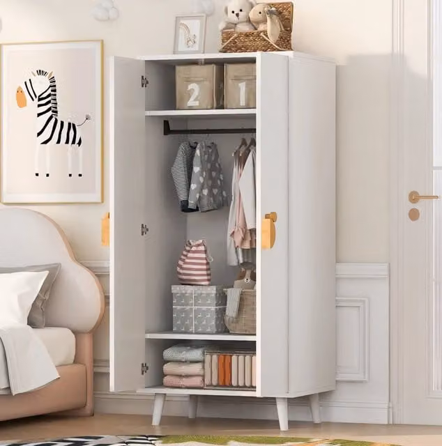 Armadio 2 ante con vano appendiabiti; contenitore e piedini rialzati; 70 x 55 x 170 cm; MDF bianco