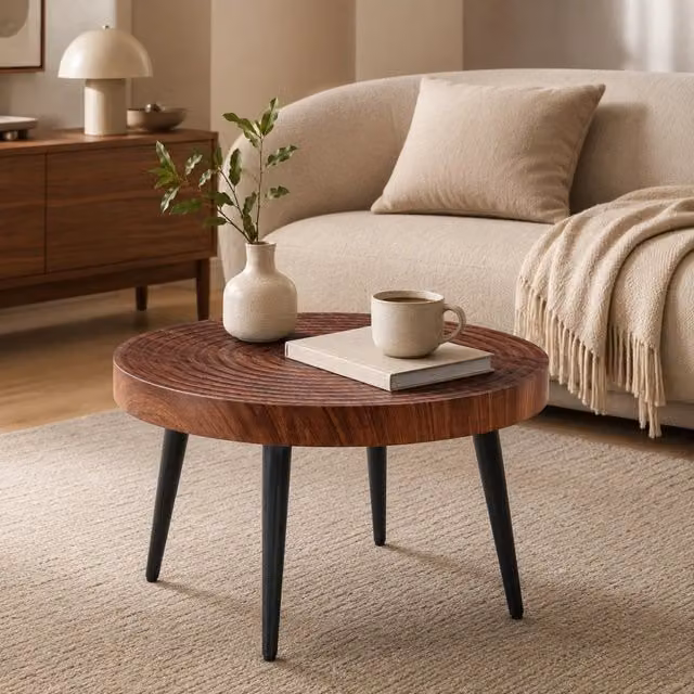 Tavolino basso rotondo MIVRAY per soggiorno in MDF effetto noce con gambe in metallo nero Diametro: 60 cm