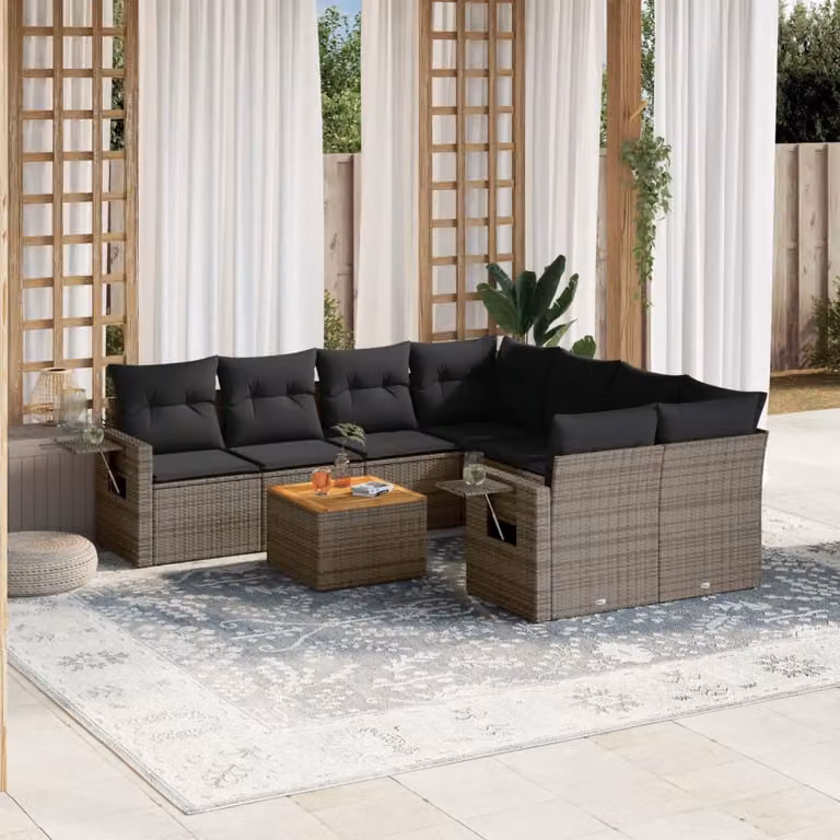 vidaXL Set Divano da Giardino 9 pz a Forma di L in Polyrattan Grigio con Cuscini e Tavolino da Caffè