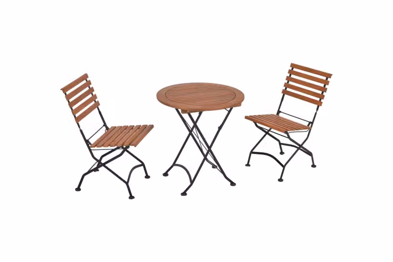 Merxx Set da giardino 3 pezzi, 2 sedie pieghevoli, 1 tavolo pieghevole, Ø 70 cm, acciaio piatto con rivestimento in eucalipto