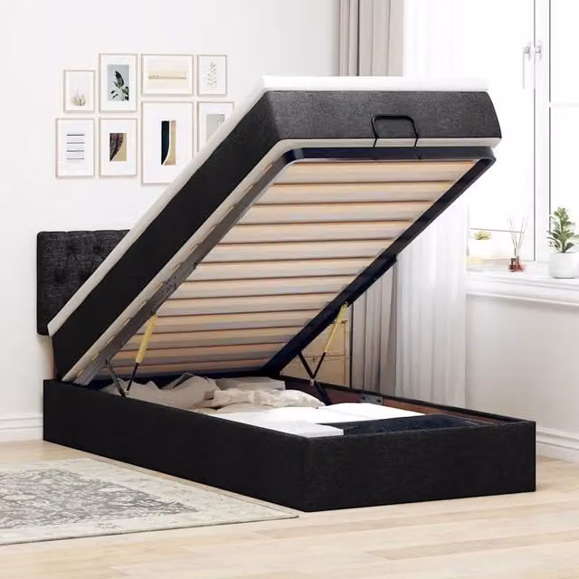 Letto con contenitore a sollevamento vidaXL in tessuto nero e bianco con materasso, L: 200 cm, P: 80 cm, H: 140 cm