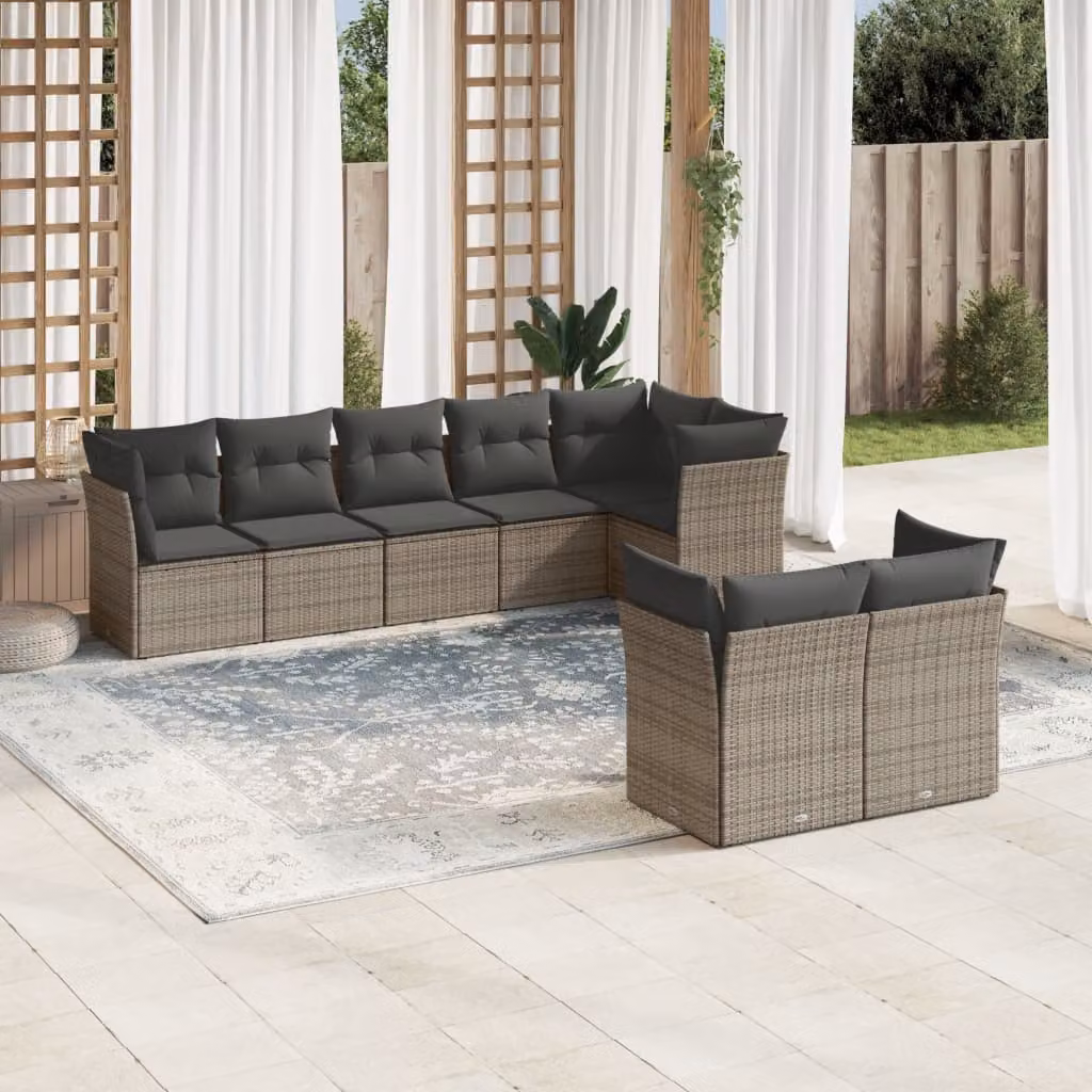 vidaXL Set Divano da Giardino 8 pz a Forma a L con Cuscini Grigio in Polyrattan e Acciaio – 1