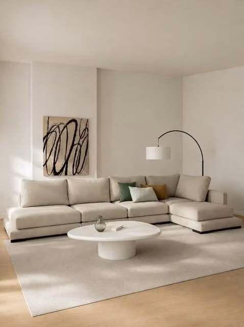Divano componibile Travis Kenay Home con chaise longue a destra, 6 posti, colore perla, L: 379 cm
