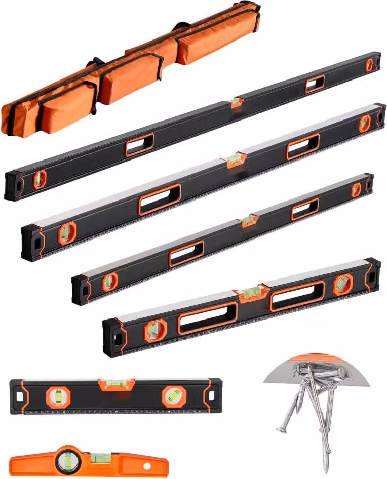 Set di livelle a bolla d'aria con 6 pezzi - 200/120/80/60/40/25cm - Livella in lega di alluminio con fiale - Strumento di misura magnetico per 45/90/180 gradi - Antiurto, scala SAE e metrica