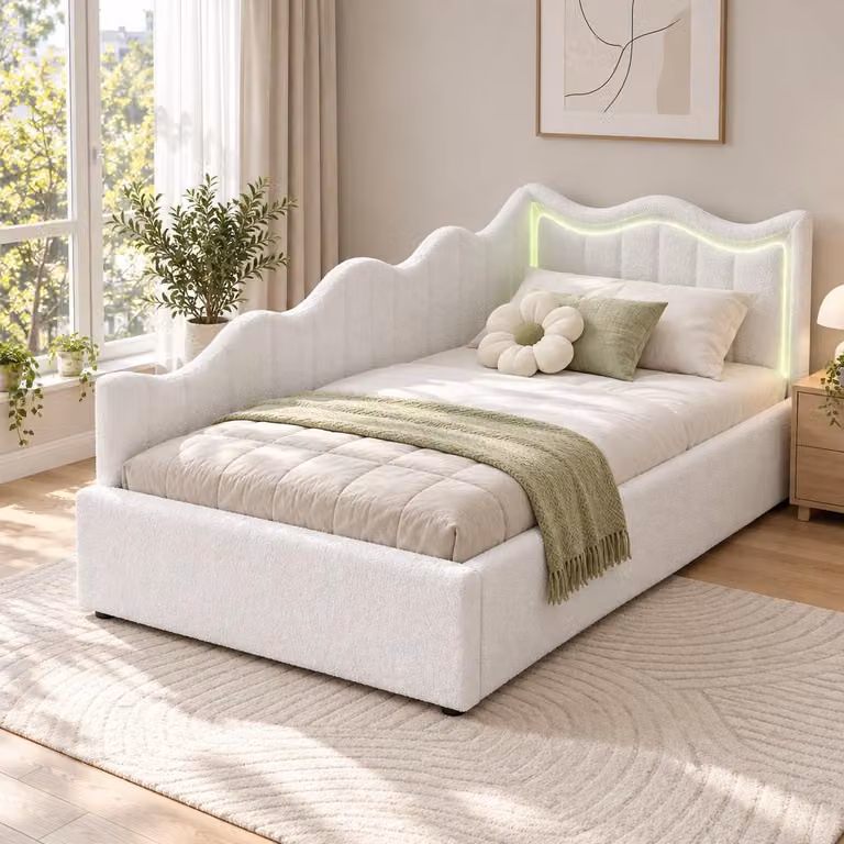 Letto imbottito INONEFT, divano letto 90x200 con spazio contenitore a sollevamento idraulico, letti singoli con illuminazione a LED e testiera, letto per ragazzi modello daybed, colore beige