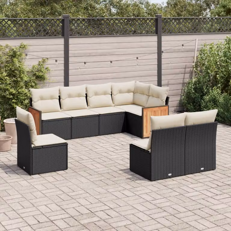 Set di divani da giardino vidaXL in polyrattan con 8 cuscini neri e bianchi per esterno e terrazza