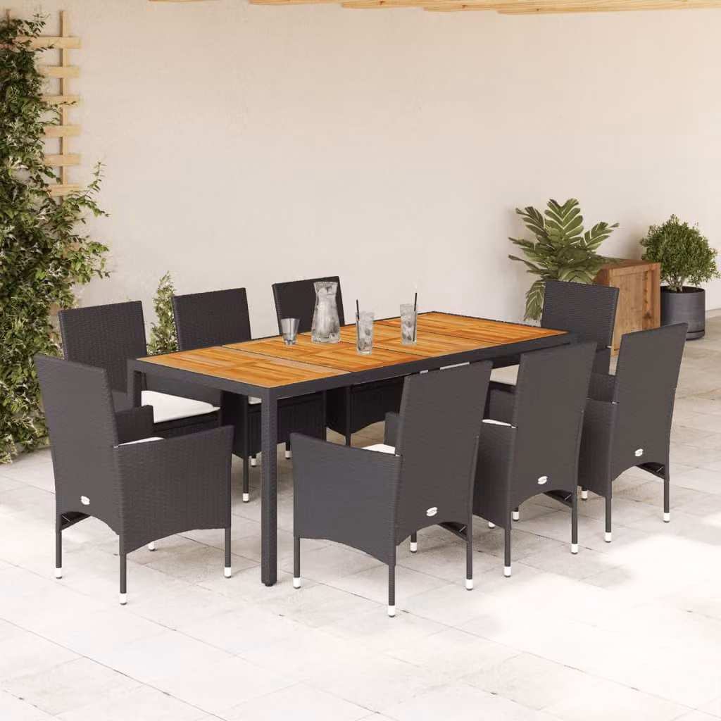 vidaXL Set Pranzo da Giardino 9 pz in Polyrattan e Legno di Acacia Nero con Cuscini Beige – 1