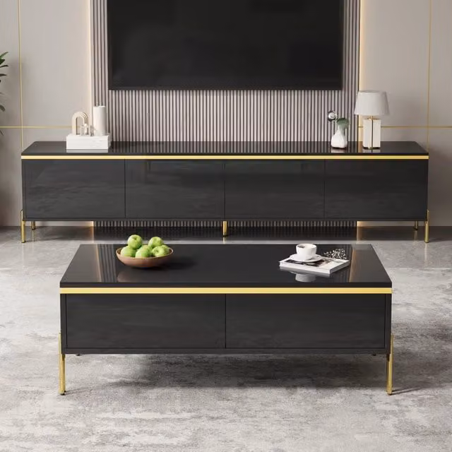 Set Mobile TV e Tavolino Nero Lucido con Dettagli in Oro; Ampio Spazio di Archiviazione per Soggiorno